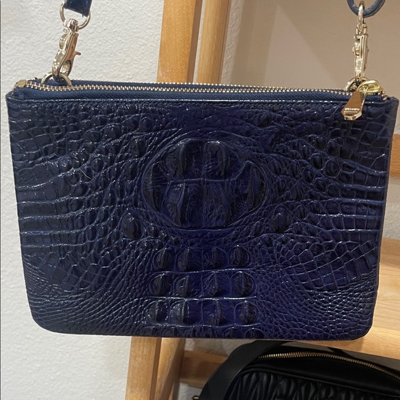 Elegant Navy Blue Brahmin Crocodile Pattern Shoulder Bag - Picture 3 of 5